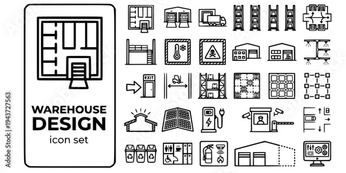 Warehouse Layout Design Bold Line Icons-Floor Plan Dock Mezzanine Cross-Dock Cold Store Hazmat Racking Sprinkler Solar-25 Warehouse Design Icon Set Vector