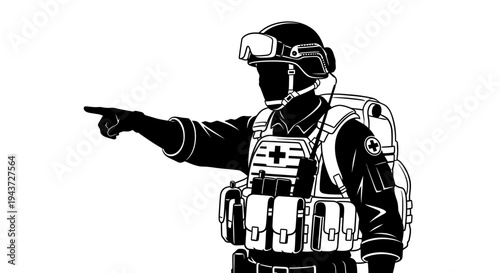 Military Medic Pointing Direction, Tactical Gear, Medical Cross Symbol