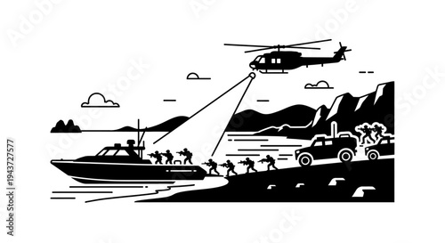 Military Operation: Soldiers, Helicopter, Boat, and Vehicles on Shoreline