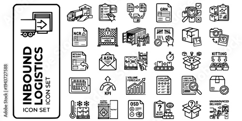 Inbound Logistics Goods Receiving Bold Line Icons-GRN ASN Three-Way Match NCR Quarantine Devan Put-Away Cross-Dock OSD-25 Inbound Logistics Icon Set Vector