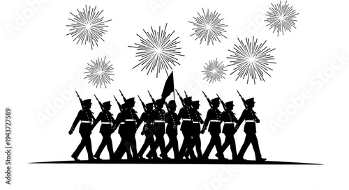 Military Parade Silhouette with Fireworks: Soldiers Marching with Flag, Celebration