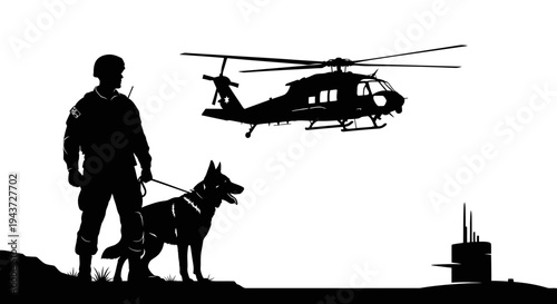 Military Soldier, K9 Unit, Helicopter, and Submarine Silhouette - Security and Defense Concept
