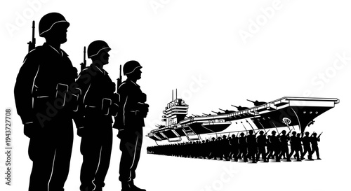 Military Soldiers and Aircraft Carrier Fleet on White Background, Silhouette