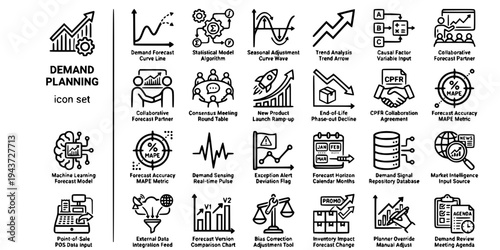 Demand Planning Forecasting Bold Line Icons-Statistical Model CPFR MAPE Demand Sensing POS Promotion Machine Learning Bias Correction-25 Demand Planning Icon Set Vector