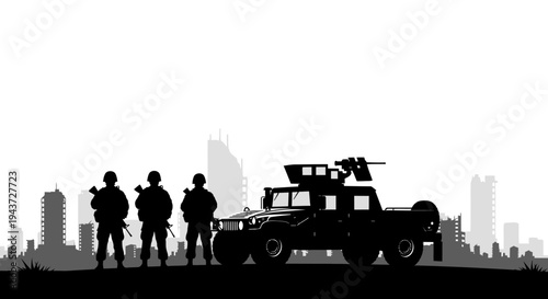 Military Soldiers and Humvee in Silhouette Against City Skyline