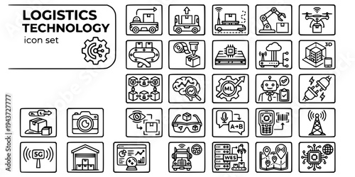 Logistics Technology Automation Bold Line Icons-AMR AGV Cobot Drone Blockchain Digital Twin AI RPA IoT AR 5G RTLS WES Quantum-25 Logistics Tech Icon Set Vector