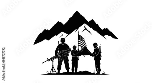 Military Soldiers Raising American Flag Under Mountain Silhouette, Patriotic Scene