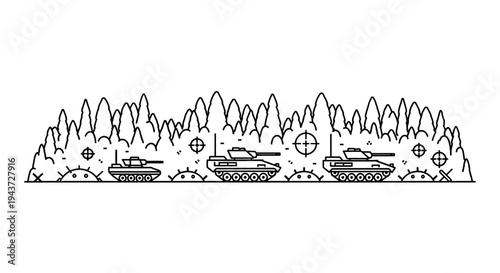 Military Tanks in Battle Formation with Explosions and Targets
