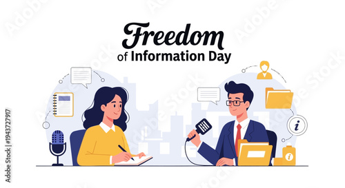 Illustration of a man and woman at a desk on Freedom of Information Day, discussing public access to information.