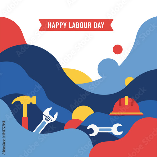 Stylized, colorful labor day graphic, including tools and wavy shapes