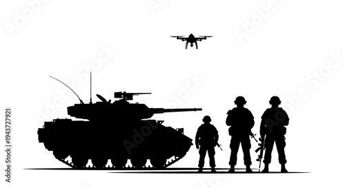 Military Tank, Soldiers, and Drone Silhouette - Modern Warfare and Surveillance
