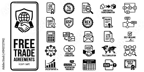 Free Trade Agreements Preferential Origin Bold Line Icons-FTA EUR1 GSP REX RVC Cumulation PEM Binding Ruling LTS Supplier Declaration-25 FTA Icons Icon Set Vector