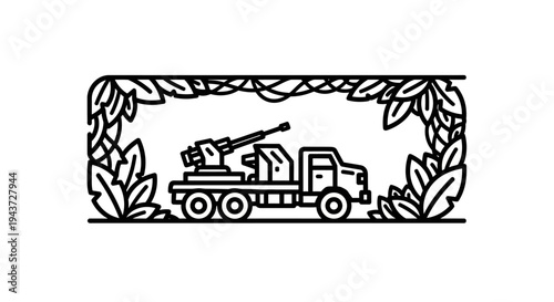 Military truck with anti-aircraft gun hidden in jungle foliage, line art icon