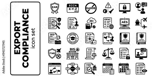 Export Compliance Controls Bold Line Icons-EAR ECCN ITAR OFAC AES Dual-Use Denied Party EUC TCP BIS EMCP VSD License Exception-25 Export Compliance Icon Set Vector