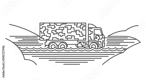 Military Truck Crossing Water, Camouflage Cargo Vehicle on River Expedition
