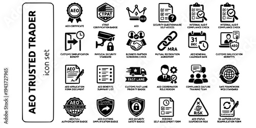 AEO Trusted Trader Bold Line Icons-CTPAT MRA SAFE Framework WCO Security Simplification Consignee Consignor Self-Assessment Renewal-25 AEO Icon Set Vector