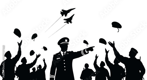 Military Veterans Celebrate with Jet Flyover and Hat Toss