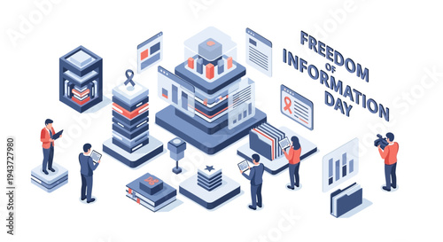 Isometric illustration of people accessing public information on Freedom of Information Day with documents and digital devices.