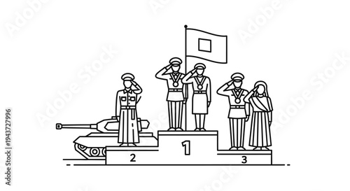 Military Victory Podium with Tank and Flag - First Place Award Ceremony