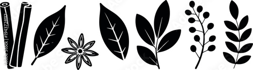 Black silhouette spice and herb icon set featuring cinnamon sticks bay leaves star anise peppercorns for culinary organic design