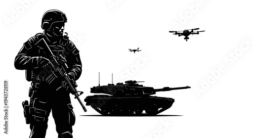 Modern Warfare: Soldier, Tank, and Drones Silhouette on White Background