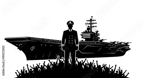 Naval Commander Silhouette with Aircraft Carrier and Cheering Crowd