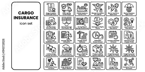 Cargo Insurance Liability Logistics Bold Line Icons-CMR COGSA Warsaw ICC Marine All-Risk General Average Subrogation FFL Lloyd's DSU-25 Cargo Insurance Icon Set Vector