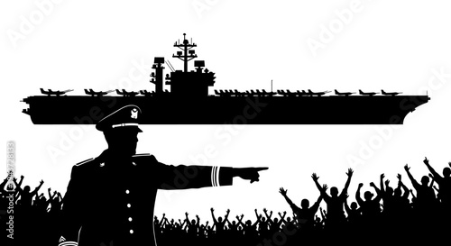Naval Commander Directs Aircraft Carrier Arrival Amidst Cheering Crowd Silhouette