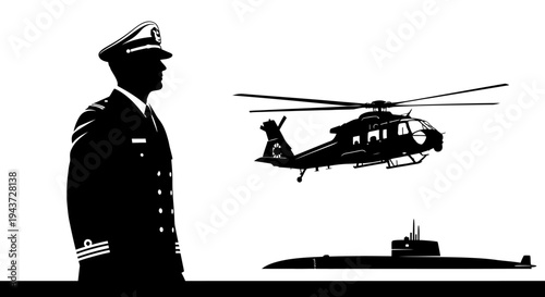 Naval Officer, Helicopter, and Submarine Silhouette - Military Power and Strategy