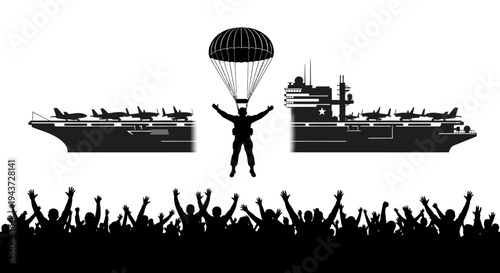Parachuting Soldier Landing on Aircraft Carrier Amidst Cheering Crowd