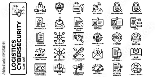 Logistics Cybersecurity Bold Line Icons-Firewall Ransomware MFA ISO27001 NIST Zero Trust SIEM EDR GPS Spoofing BEC Supply Chain Attack-25 Cybersecurity Icon Set Vector
