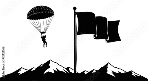 Parachutist Descends Towards Flagpole on Mountain Peak, Adventure and Achievement Symbol