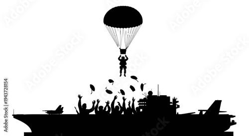 Parachutist drops supplies to cheering crowd on aircraft carrier