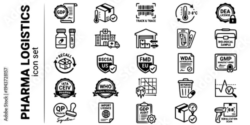 Pharmaceutical Healthcare Logistics Bold Line Icons-GDP DSCSA FMD WDA CEIV GMP DEA Serialization Cold Chain Clinical Trial QP-25 Pharma Logistics Icon Set Vector