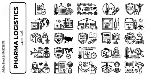 Pharmaceutical Healthcare Logistics Bold Line Icons-GDP DSCSA FMD WDA CEIV GMP DEA Serialization Cold Chain Clinical Trial QP-25 Pharma Logistics Icon Set Vector