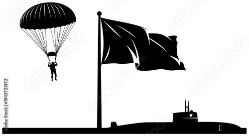 Paratrooper Descending Near Submarine and Waving Flag Silhouette