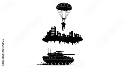 Paratrooper descending over city skyline with tank below, military invasion concept