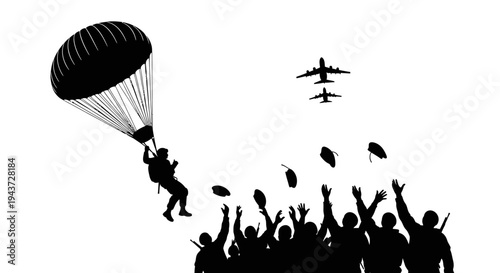Paratrooper Descends as Soldiers Cheer, Military Aircraft Fly Overhead
