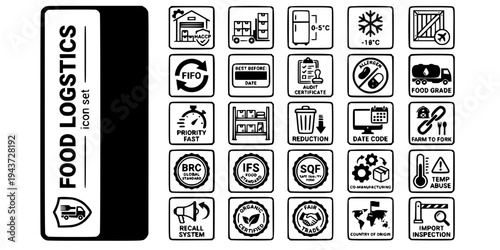 Food Beverage Logistics Bold Line Icons-HACCP FIFO BRC IFS SQF Farm-to-Fork Allergen Frozen Chilled Organic Fair Trade Recall-25 Food Logistics Icon Set Vector