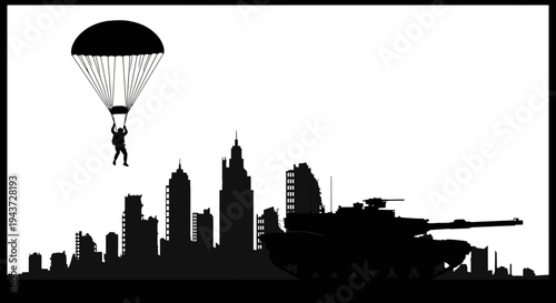Paratrooper Descending Over Cityscape with Tank Silhouette