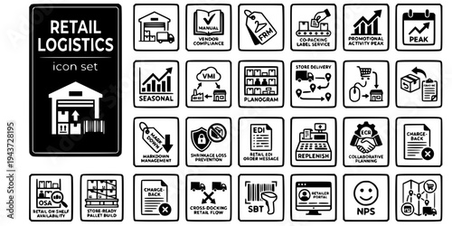 Retail Consumer Goods Logistics Bold Line Icons-VMI FRM Planogram ECR CPFR OSA Milk Run Shrinkage Chargeback SBT Omnichannel-25 Retail Logistics Icon Set Vector