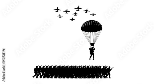 Paratrooper Descends Over Marching Soldiers and Fighter Jets Formation