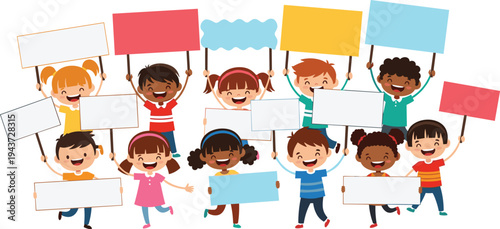 Happy diverse children holding blank protest banners and signs together multicultural kids group raising placards isolated cartoon education teamwork concept