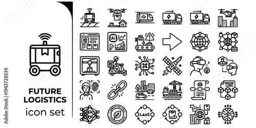 Future Logistics Emerging Trends Bold Line Icons-Autonomous Drone Hyperloop Platoon Air Taxi Physical Internet Quantum LaaS Space Metaverse-25 Future Logistics Icon Set Vector