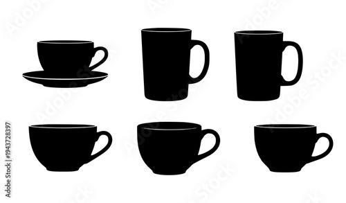 A set of black silhouettes of coffee cups and mugs on a white background