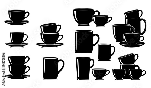 A set of black silhouettes of coffee cups and saucers on a white background