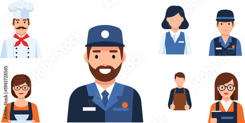 Professional service workers avatar set chef waiter barista mechanic and customer support staff flat people icons collection isolated vector