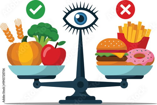 Choice between healthy and unhealthy food concept vector illustration balanced diet versus junk food lifestyle comparison