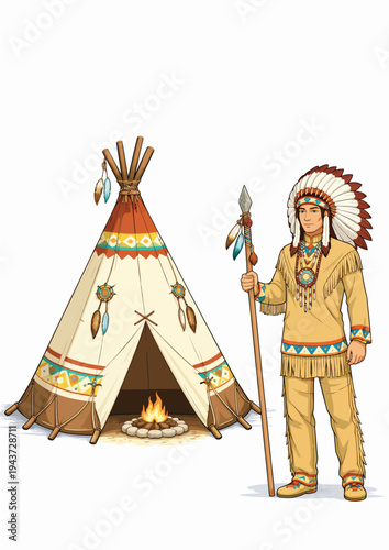 072-28-Native american warrior wearing a headdress and traditional clothing holding a spear