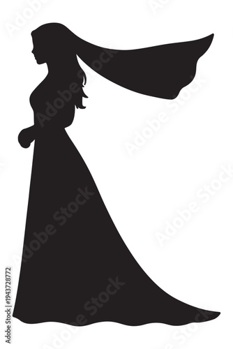 Elegant silhouette of a bride in a flowing wedding gown and veil